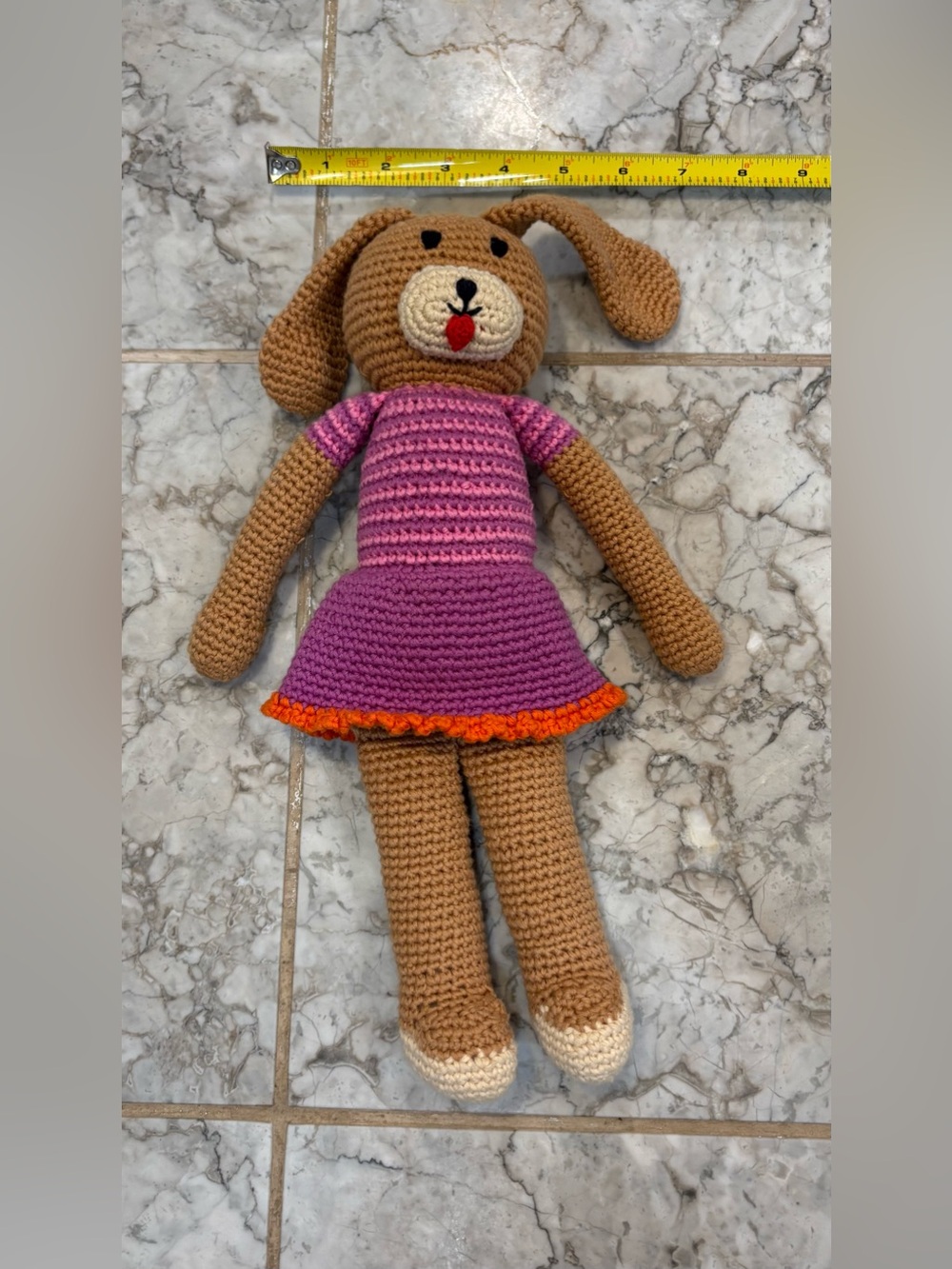 Pebble Handmade Knit Crochet Brown Dog Tongue Out Baby Plush Rattle Toy Lovey
